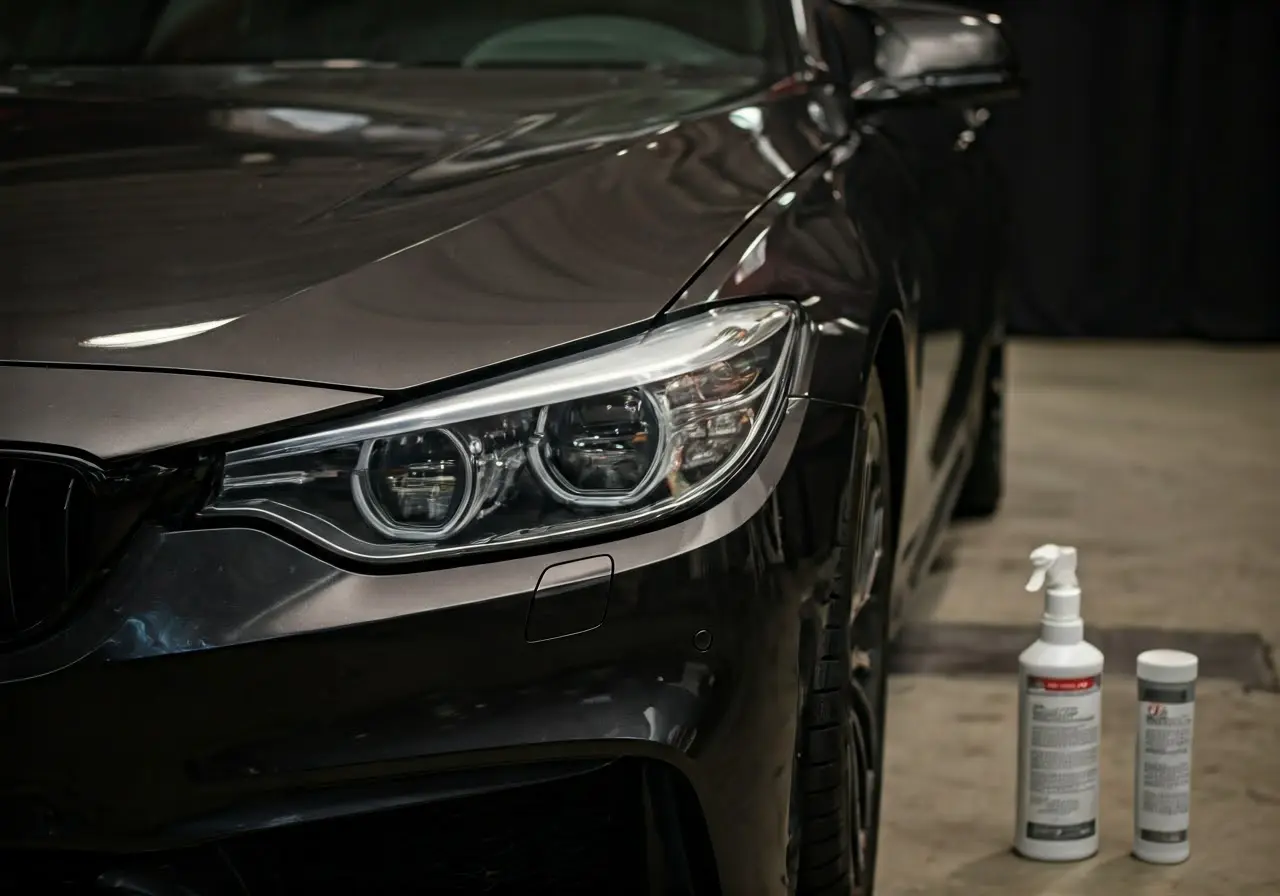 Shiny car being polished with detailing supplies nearby. 35mm stock photo