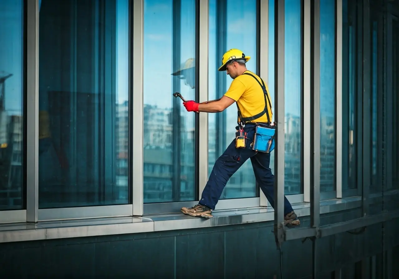 A window cleaner using tools on a tall glass building. 35mm stock photo