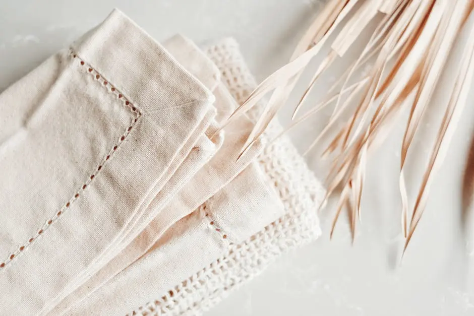 Close-up of eco-friendly handmade linen and cotton fabrics alongside rustic twigs on a soft background.