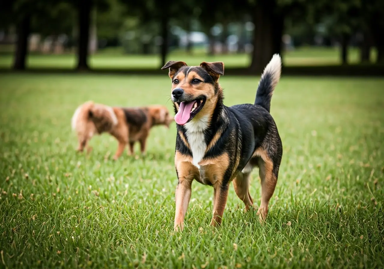 A playful dog in a park with other dogs. 35mm stock photo