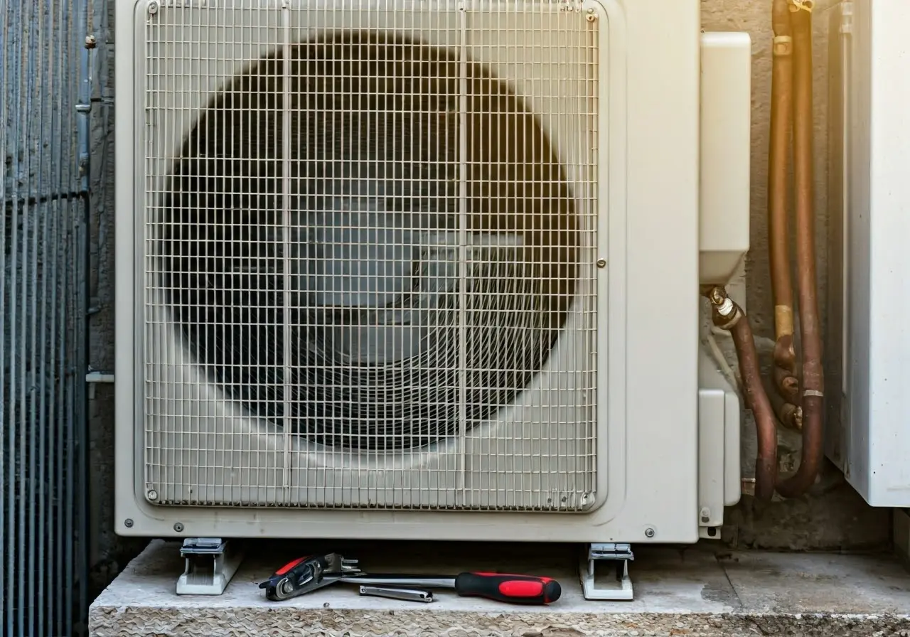 A clean air conditioning unit with tools for maintenance nearby. 35mm stock photo