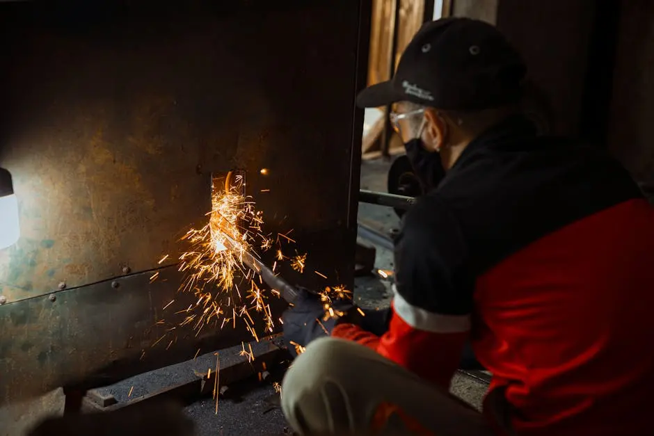 A man using a grinder to create sparks while working with metal in a workshop.