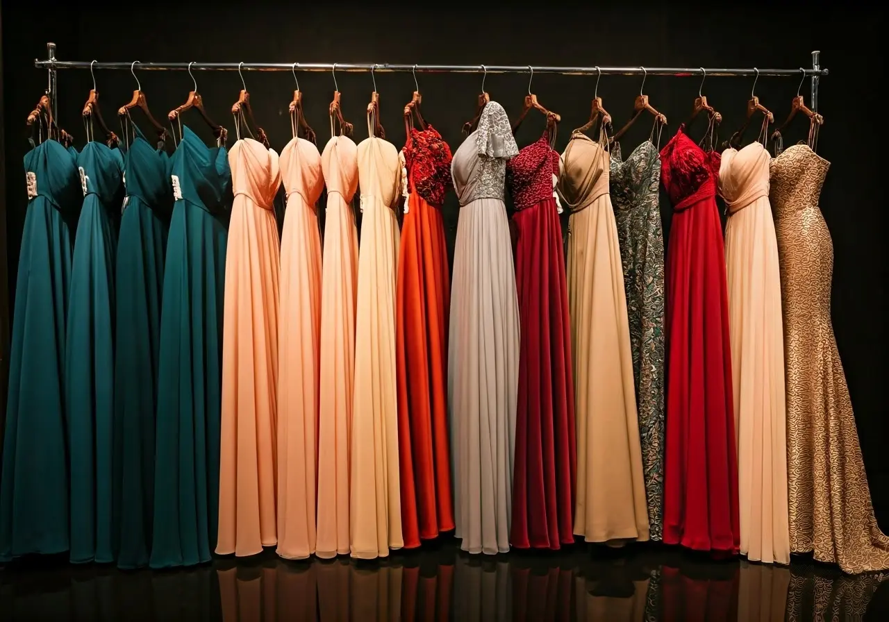 Elegant evening gowns of various styles on display racks. 35mm stock photo