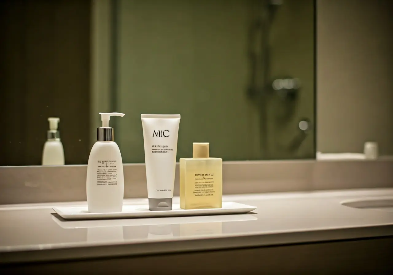 A sparkling clean bathroom with neatly arranged toiletries. 35mm stock photo