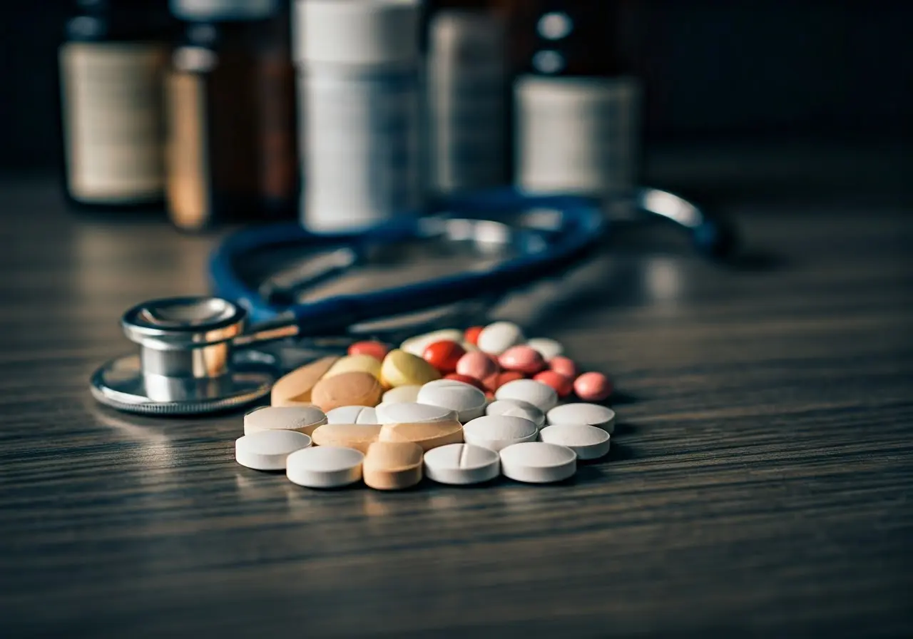 A variety of pills and a stethoscope on a table. 35mm stock photo