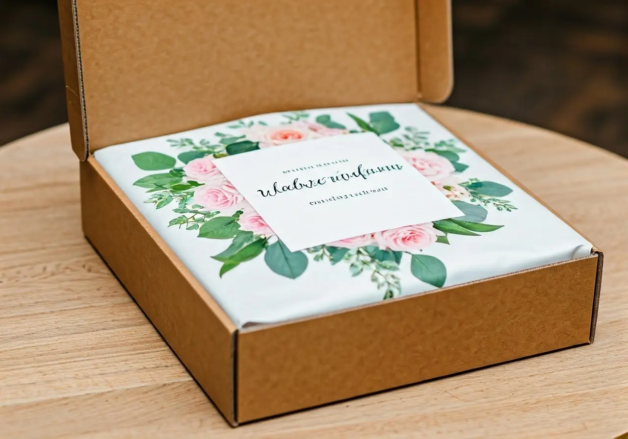 A beautifully wrapped wedding subscription box with elegant floral design. 35mm stock photo