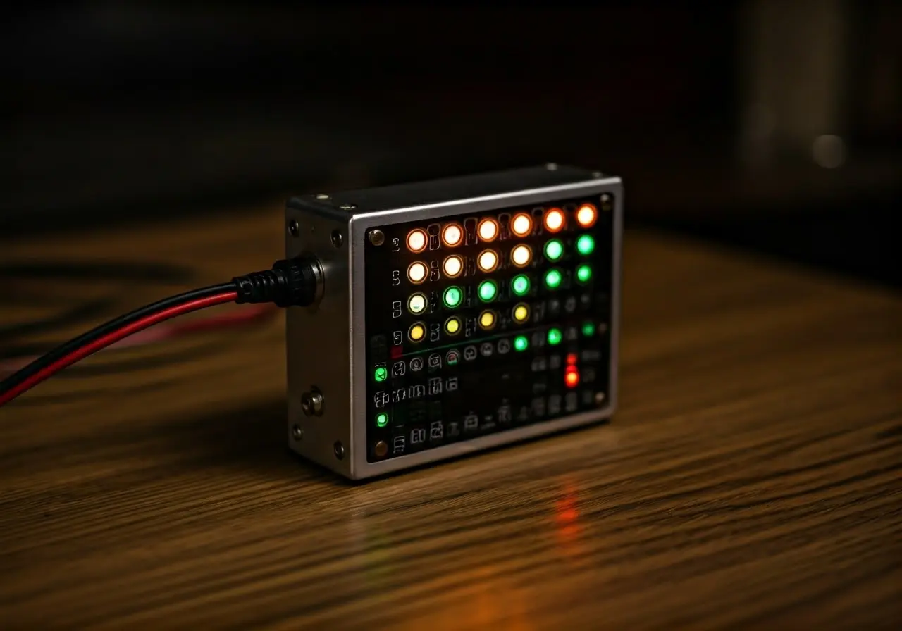 A magnetic device with glowing indicators on a wooden table. 35mm stock photo