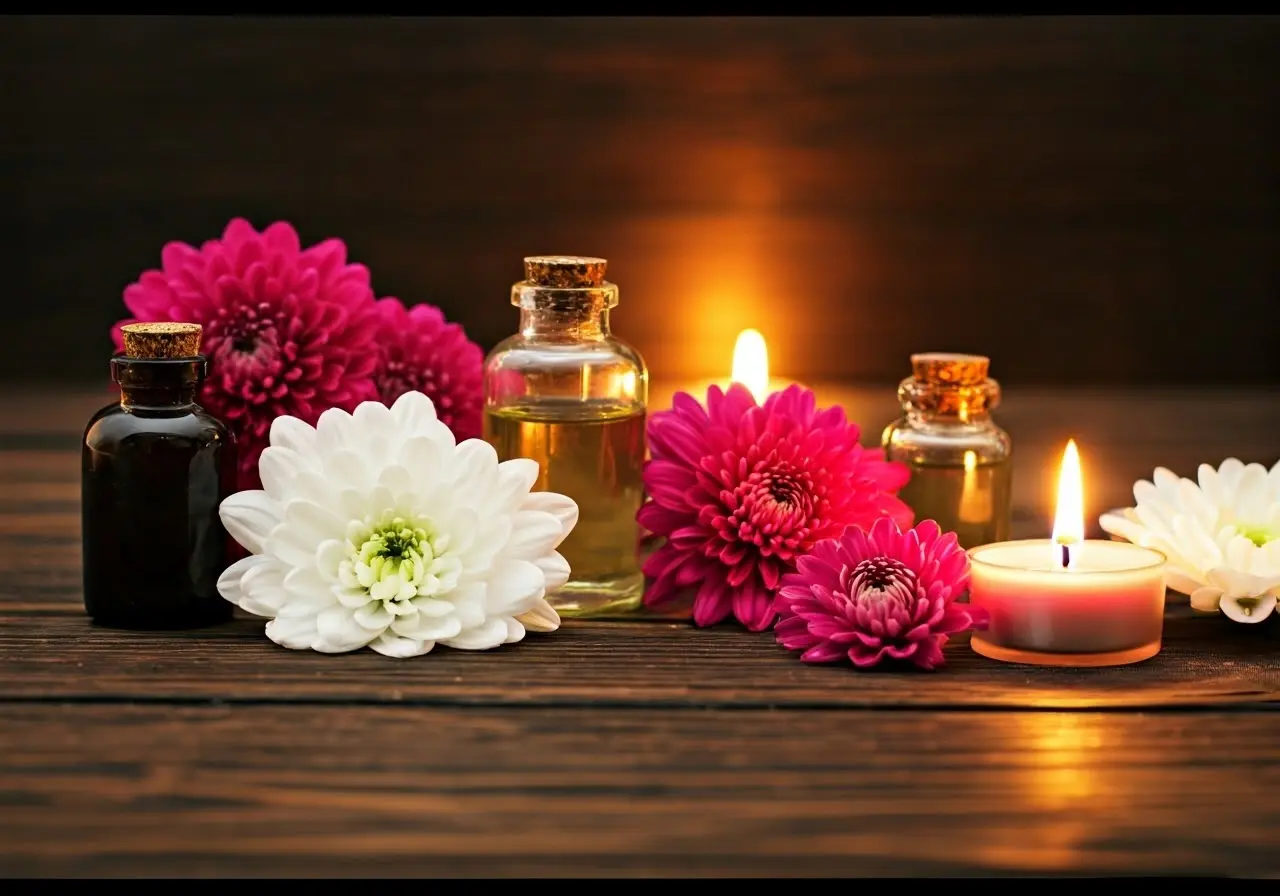 Aromatherapy bottles surrounded by blooming flowers and soft candlelight. 35mm stock photo