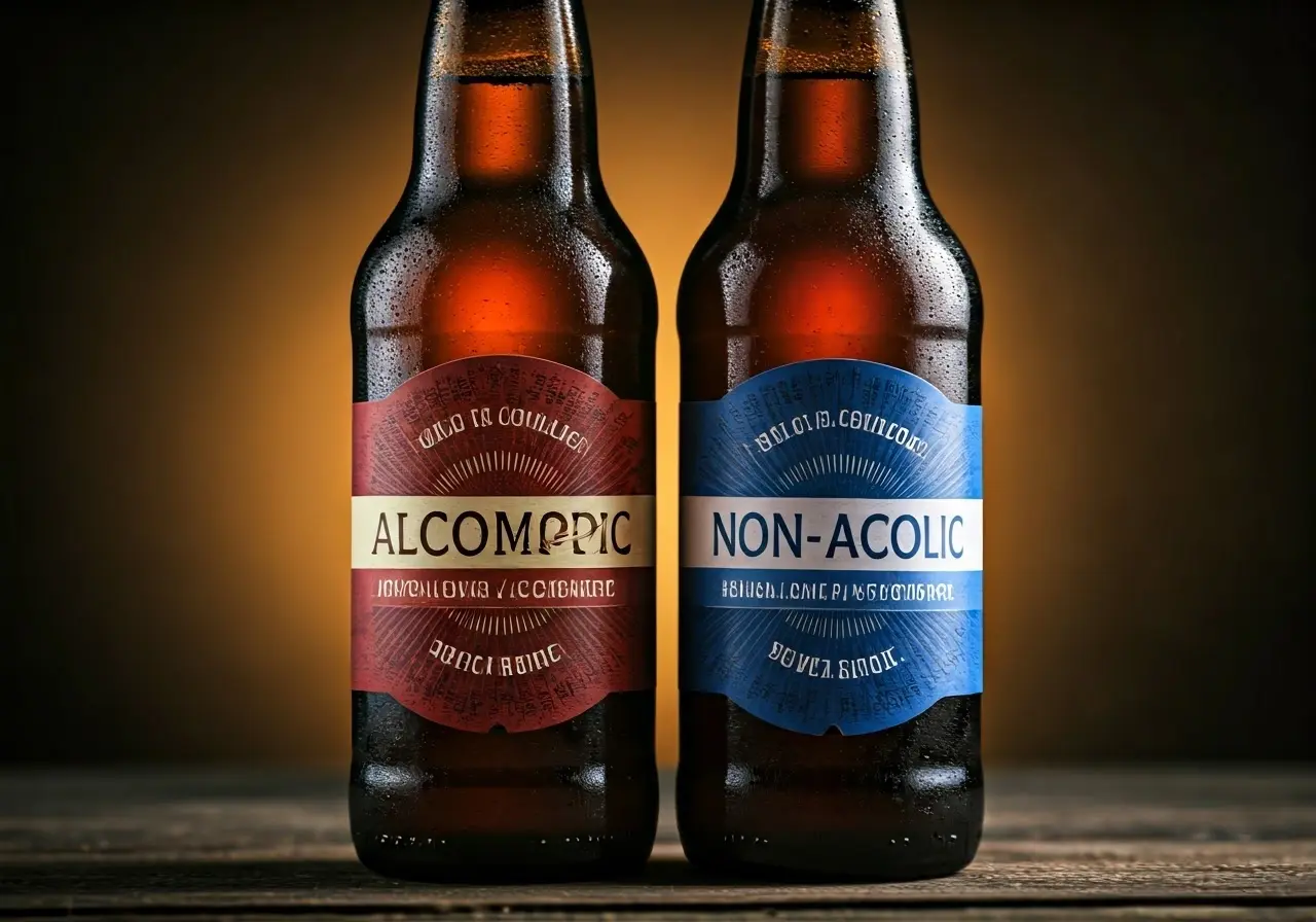 Close-up of two beer bottles labeled alcoholic and non-alcoholic. 35mm stock photo