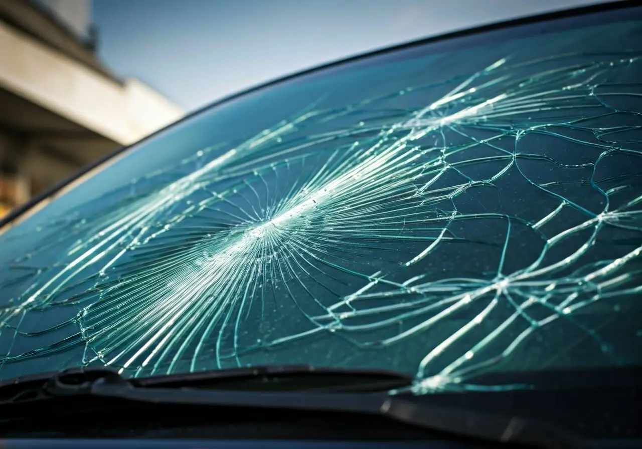 A close-up of a cracked windshield on a car. 35mm stock photo