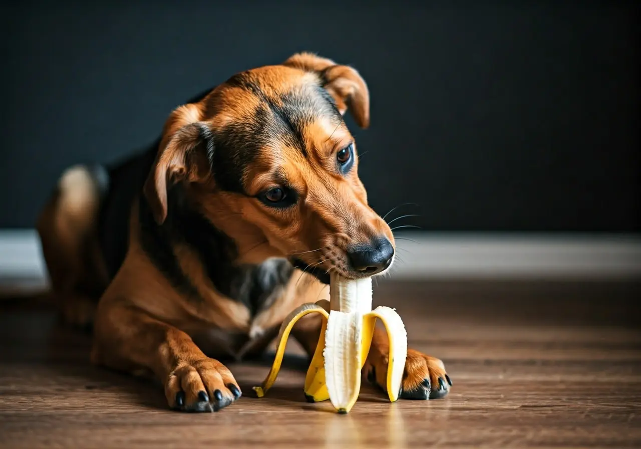 A dog eating a peeled banana. 35mm stock photo