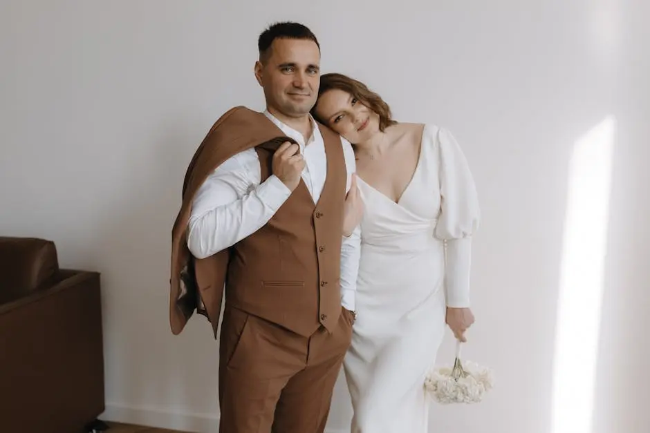 Elegant Couple Posing in Chic Wedding Attire