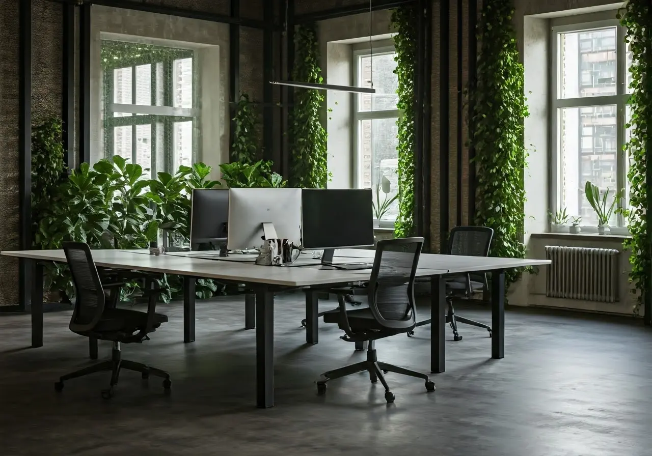 A modern office with adjustable desks and greenery accents. 35mm stock photo