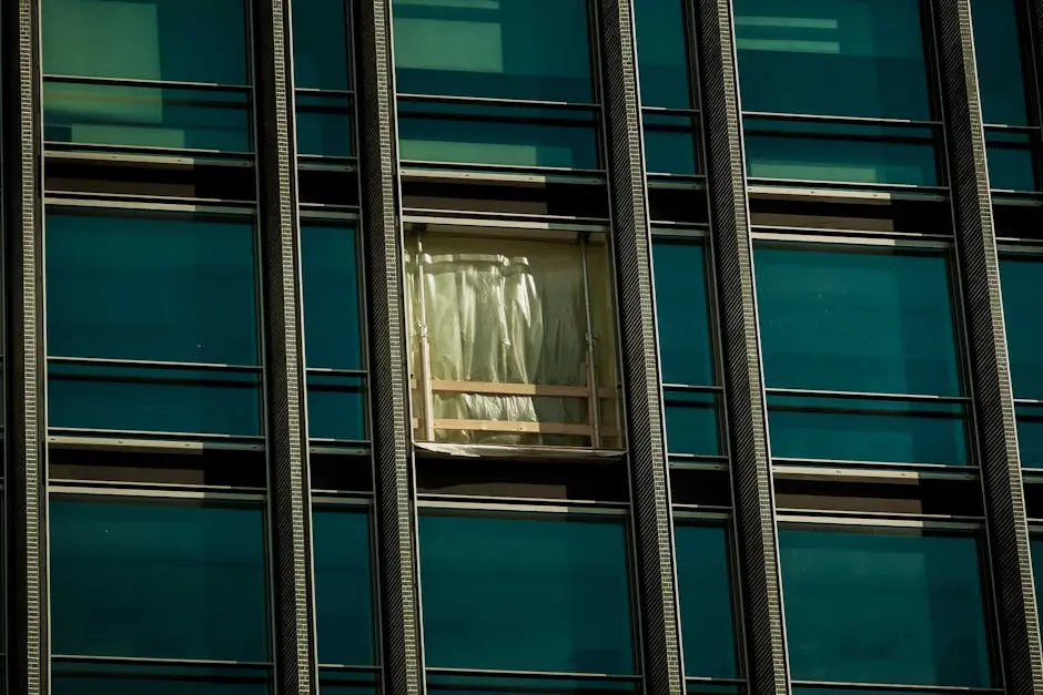 A close-up view of a modern skyscraper’s facade with a focus on a broken window covered with a temporary plastic sheet.