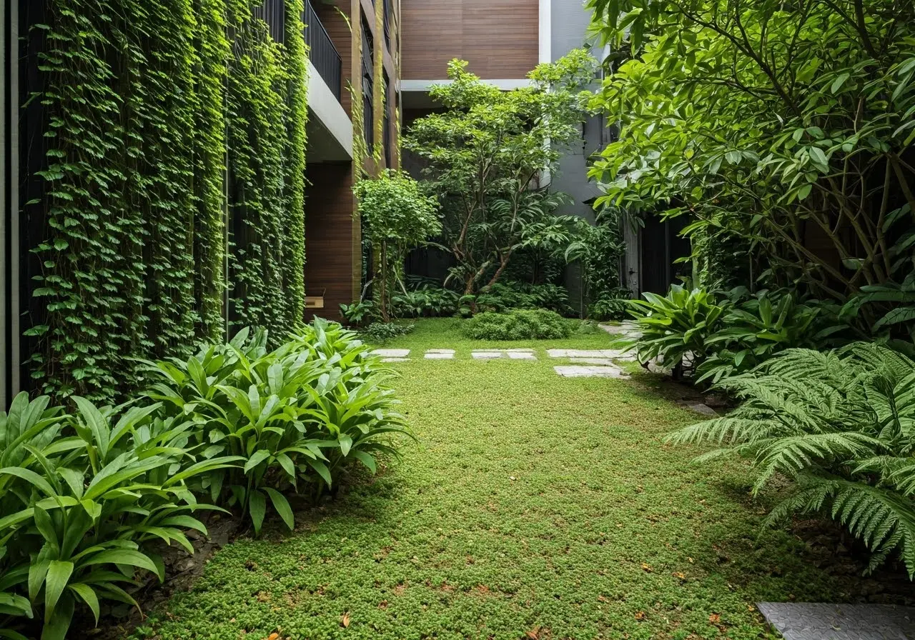 A lush garden surrounds a modern boutique hotel exterior. 35mm stock photo