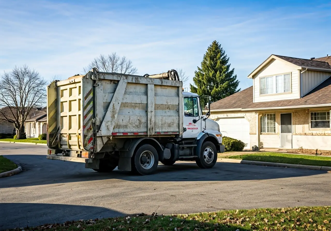 A recycling truck collecting waste in a residential neighborhood. 35mm stock photo