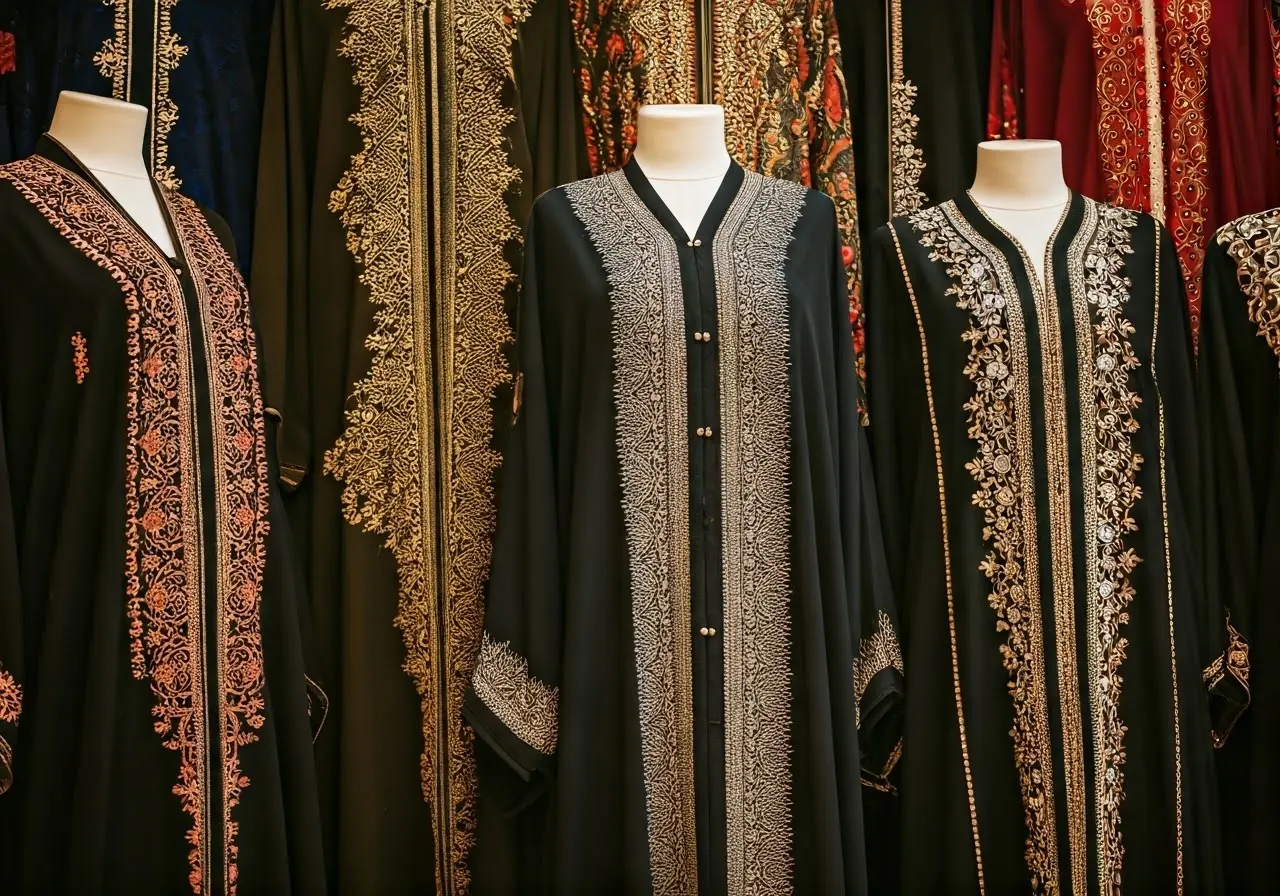 A display of intricately embroidered traditional abayas on mannequins. 35mm stock photo