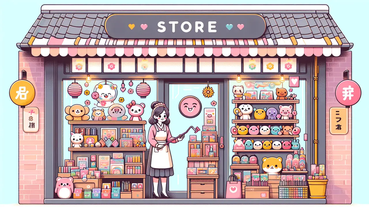 Draw a graphic in flat design style. A kawaii shop in Japan featuring colorful merchandise like smiling plush toys, cute stationery, and pastel décor items, with a shop attendant arranging a display.