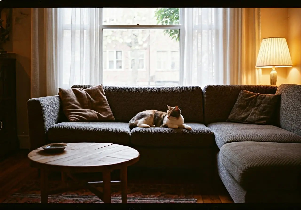 Cozy living room with a cat lounging on a sofa. 35mm stock photo