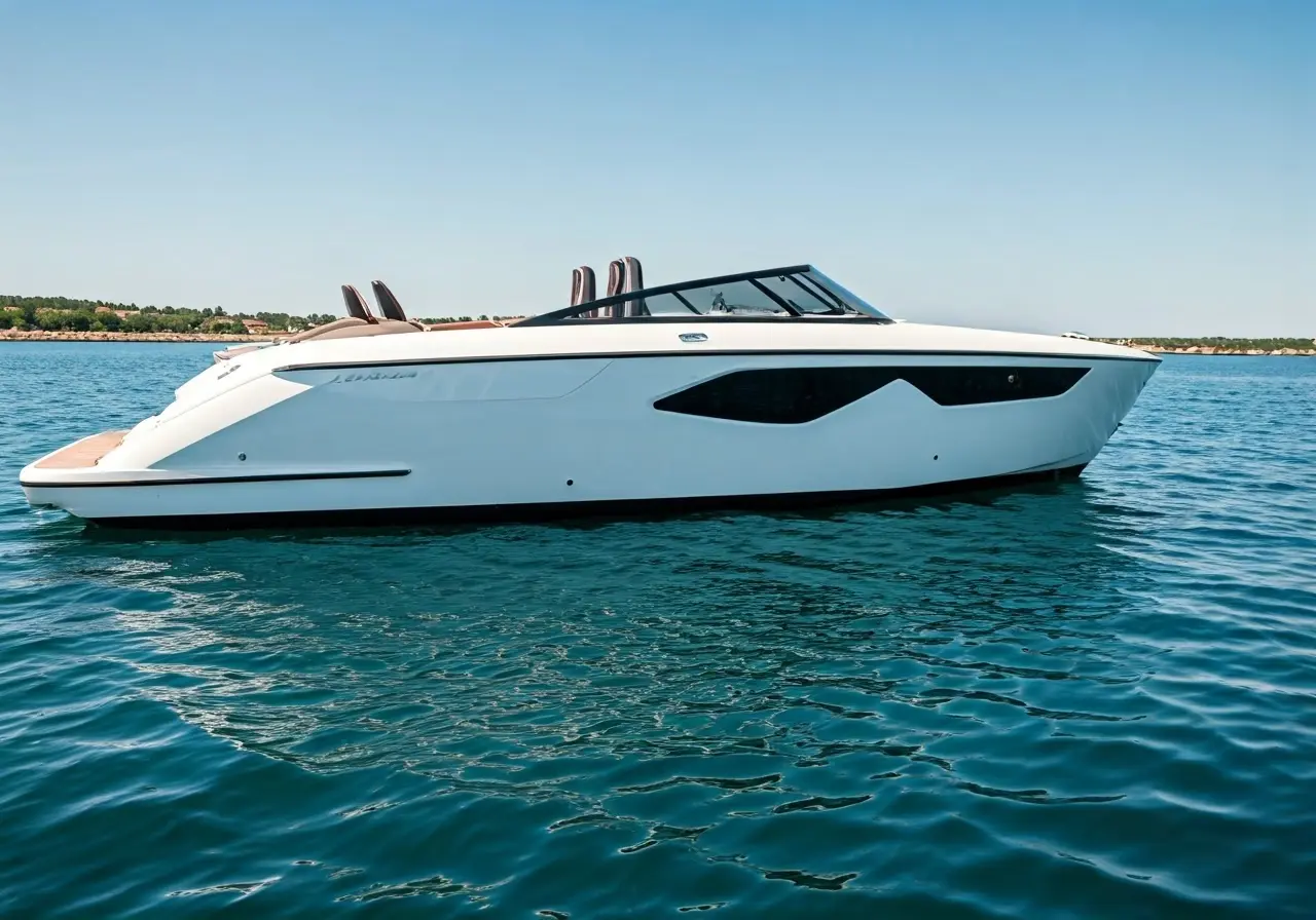 A sleek white boat with modern audio equipment onboard. 35mm stock photo