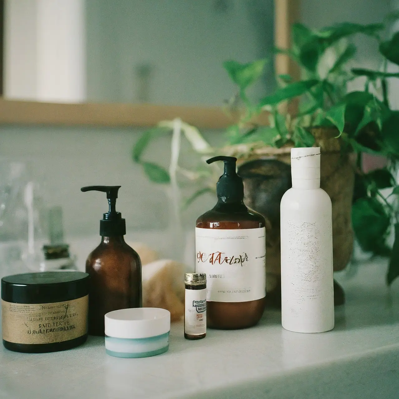 A variety of skincare products arranged neatly on a bathroom counter. 35mm stock photo