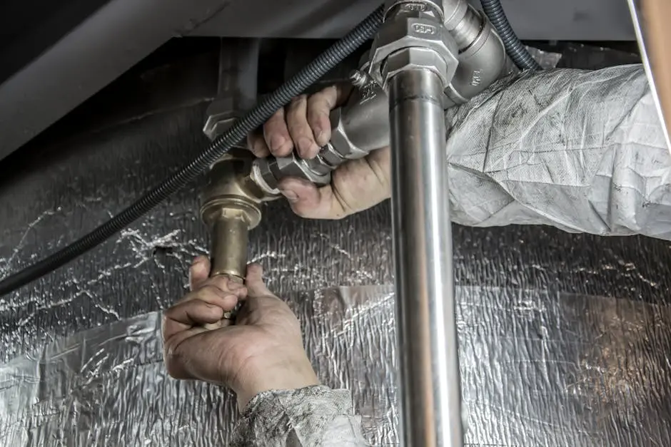 Close-up of a plumber’s hands installing steel pipes indoors, showcasing skilled manual work.