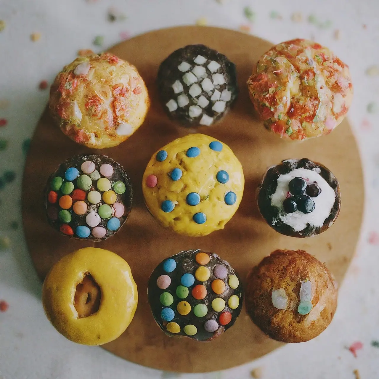 Colorful muffins with various spectacular toppings on them. 35mm stock photo