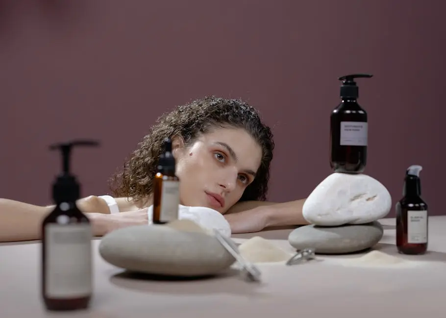 A Woman Leaning on Surface with Cosmetic Products