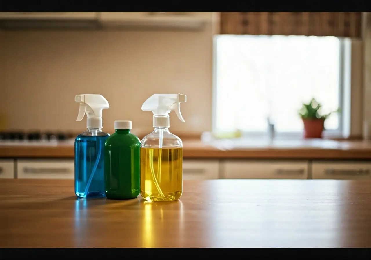 A sparkling kitchen with natural cleaning products on the counter. 35mm stock photo