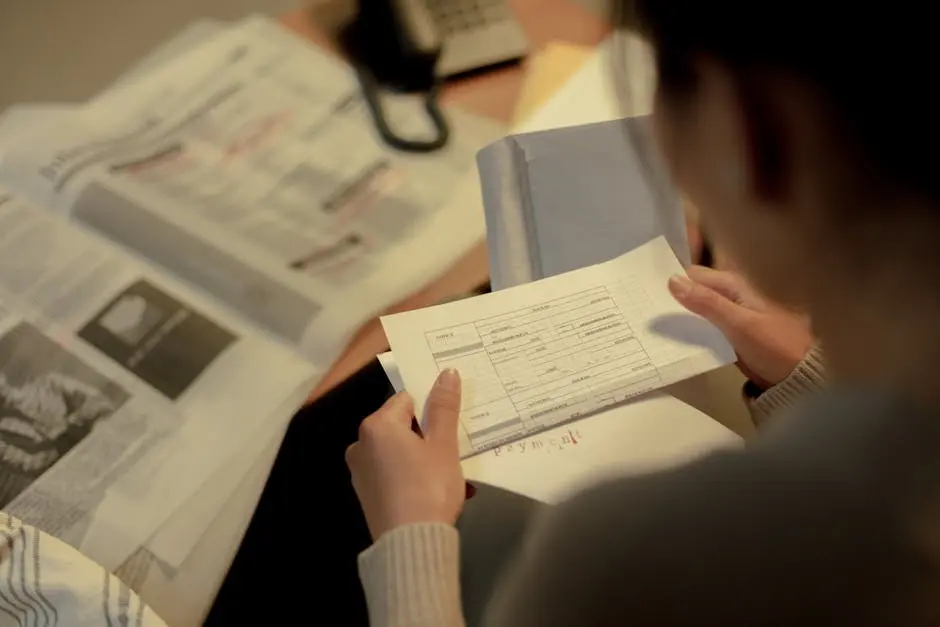 Adult woman reading a questionnaire and job postings indoors at a table, focused and contemplative.