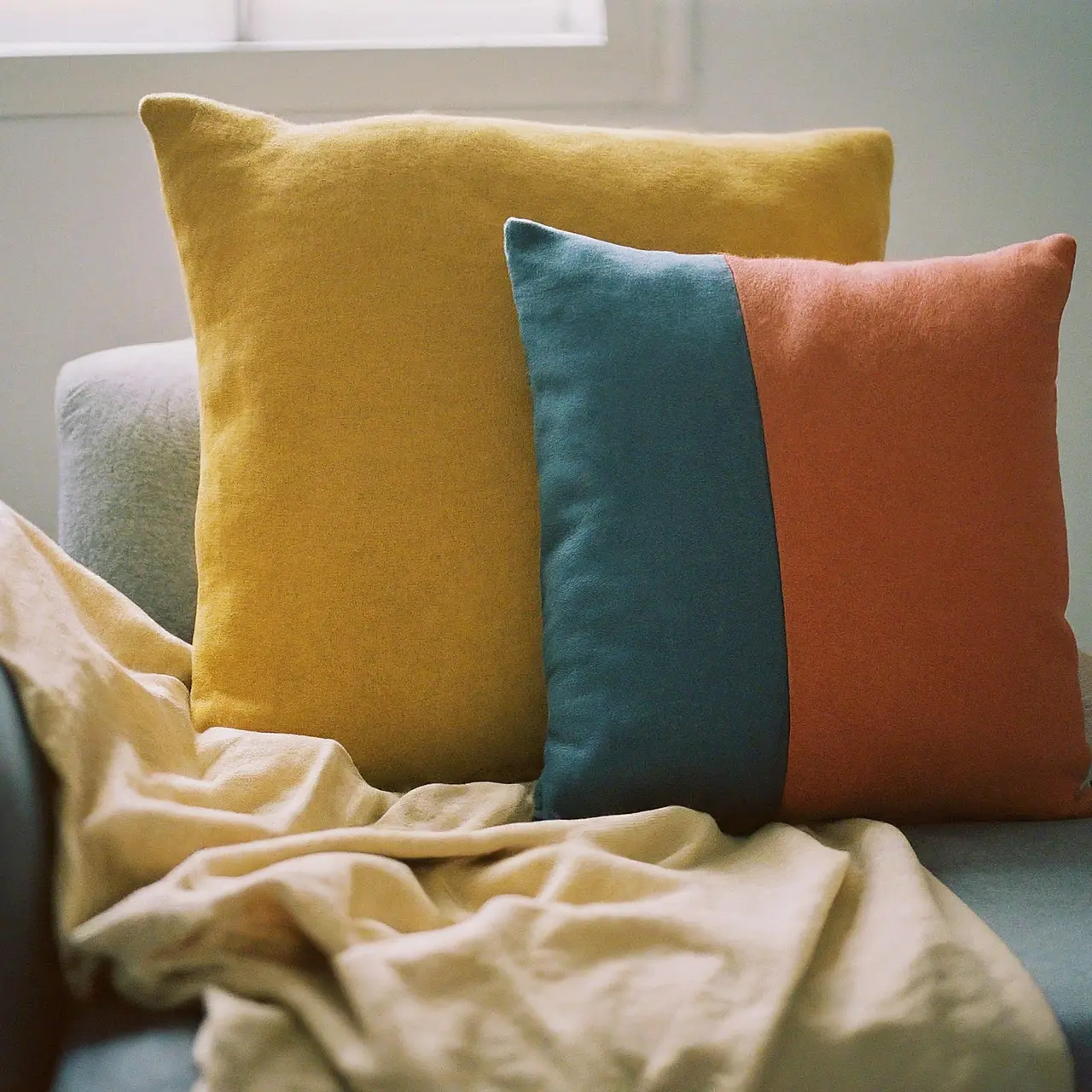 A selection of colorful cotton pillow covers on a couch. 35mm stock photo
