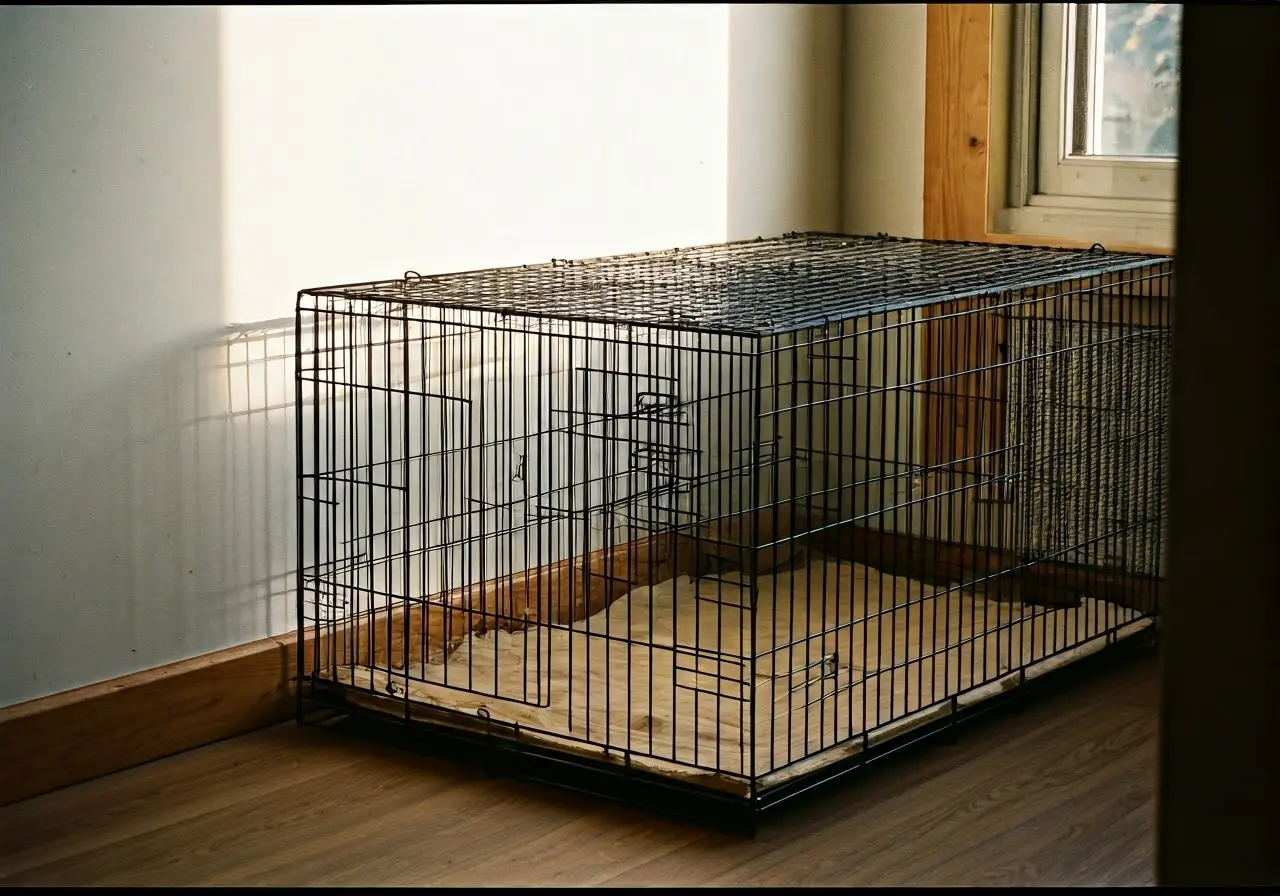 A spacious, empty dog crate placed in a sunny room. 35mm stock photo