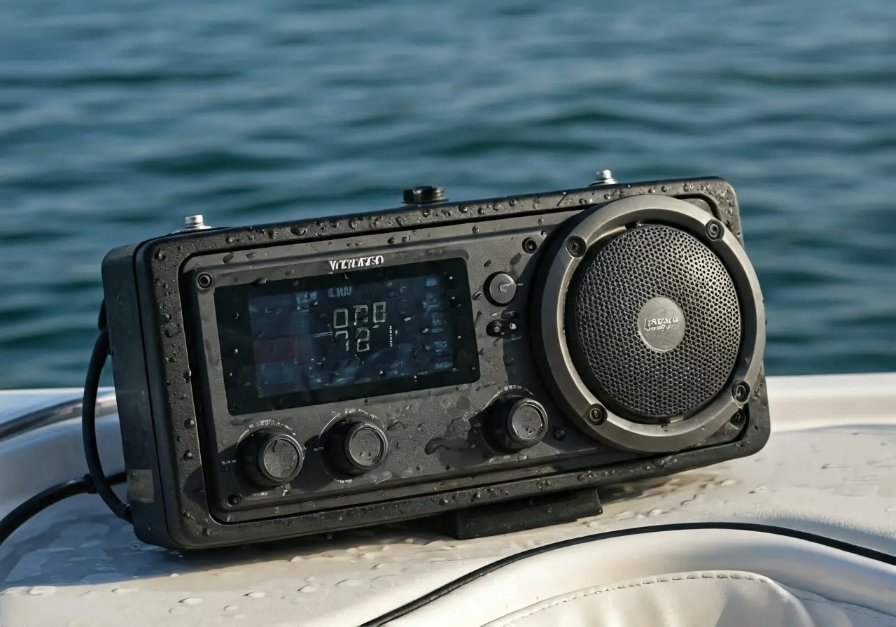 A close-up of a waterproof marine audio system on a boat. 35mm stock photo