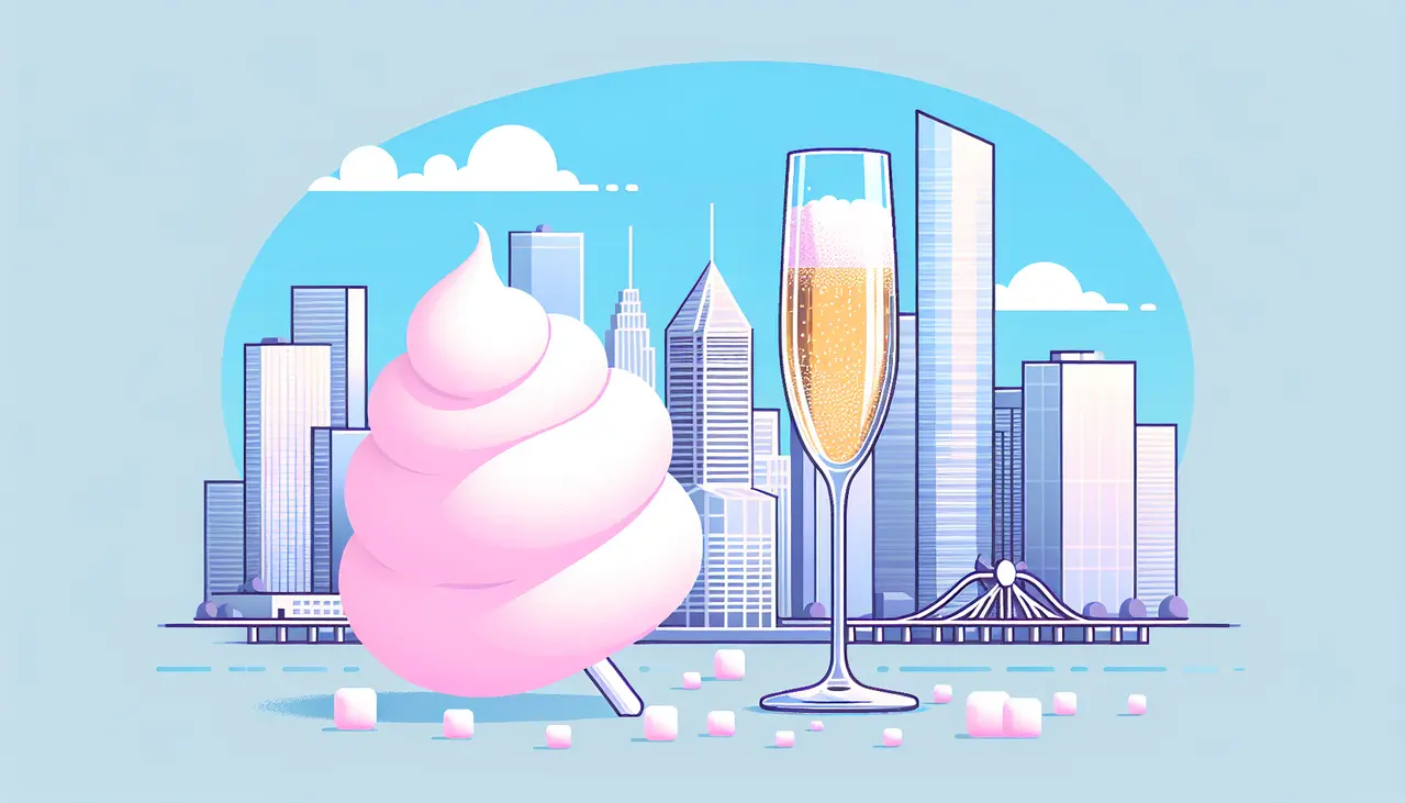 Draw a graphic in flat design style. Illustrate a minimalist image of a fluffy pink cotton candy paired with a glass of sparkling champagne, set against the backdrop of the Denver skyline in flat design style.