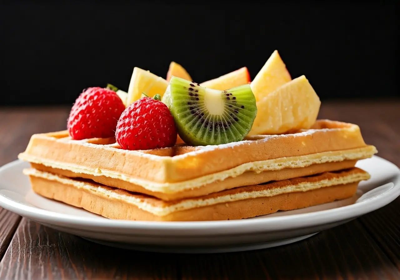 A close-up of colorful fruit-topped dessert waffles. 35mm stock photo