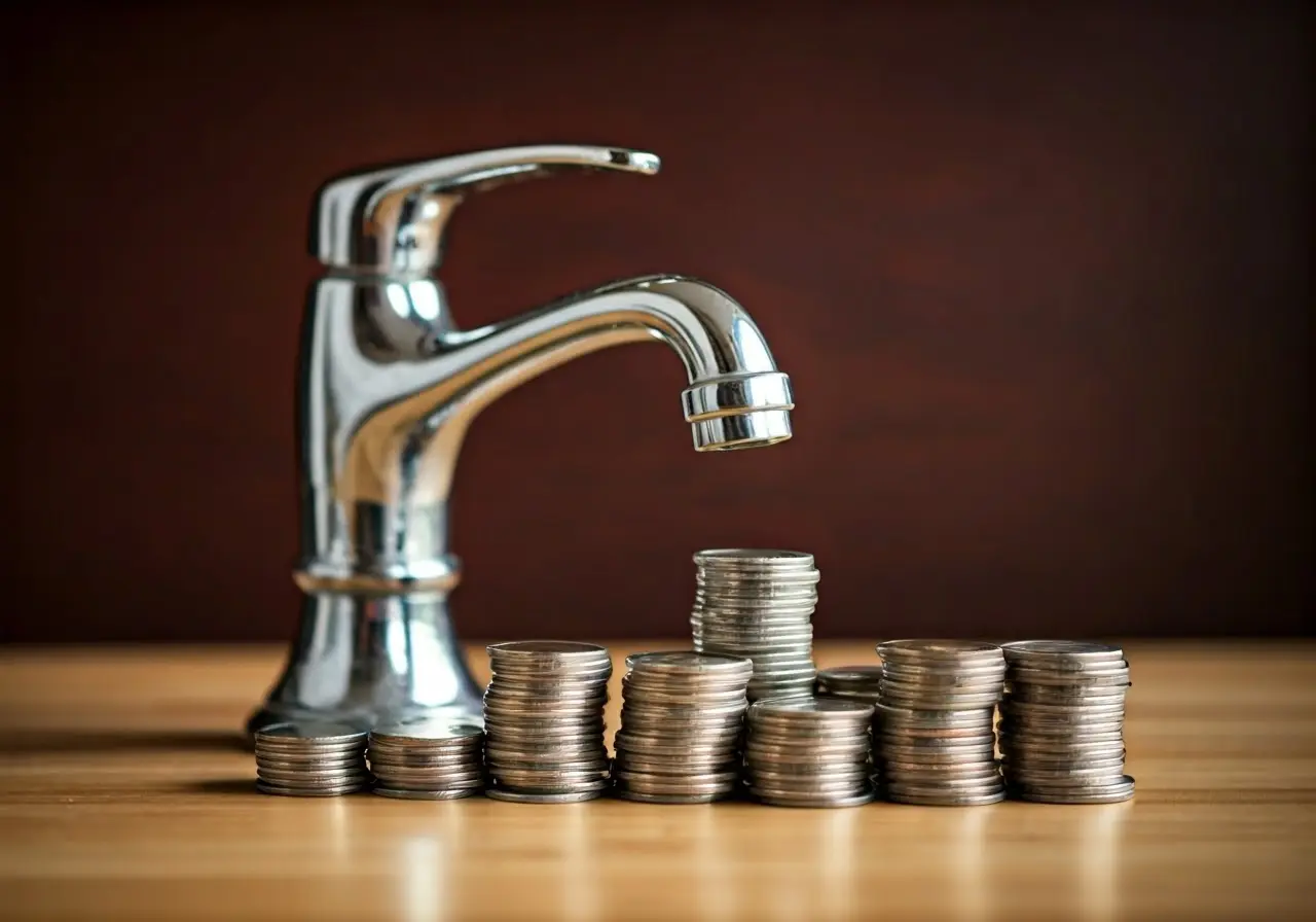 A water faucet with coins stacking on the counter. 35mm stock photo