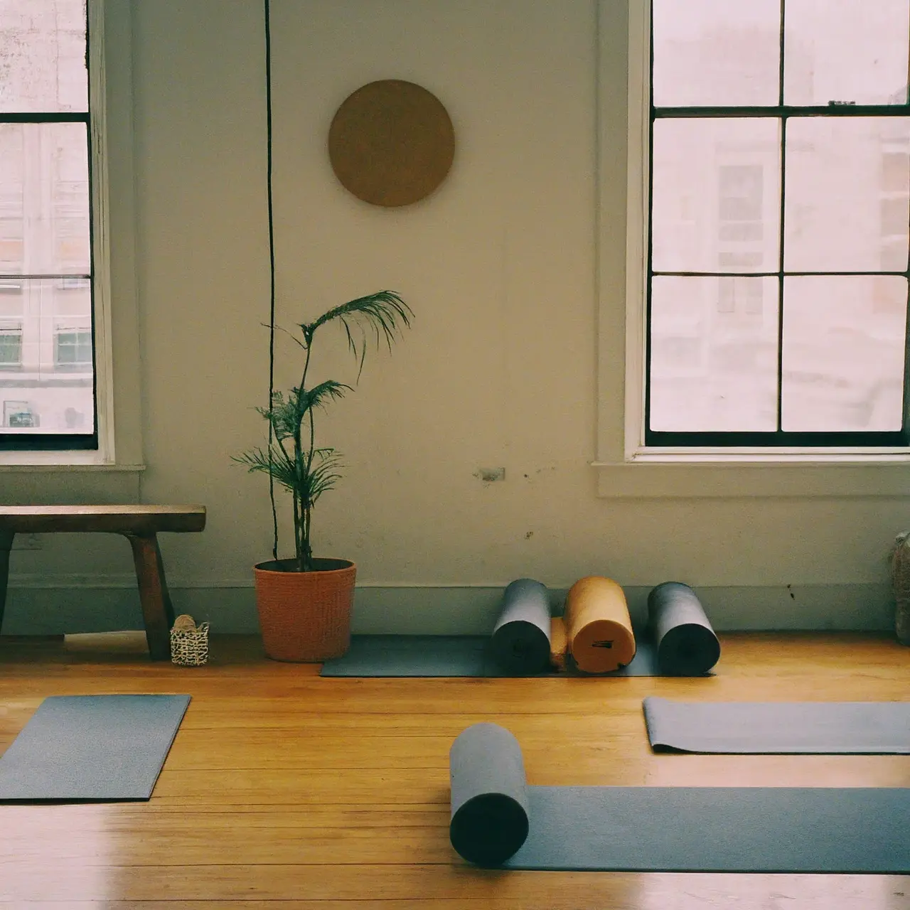 A serene yoga studio interior with mats and props ready. 35mm stock photo