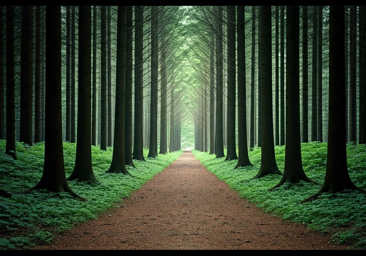 A tranquil forest path symbolizing inner peace and balance. 35mm stock photo