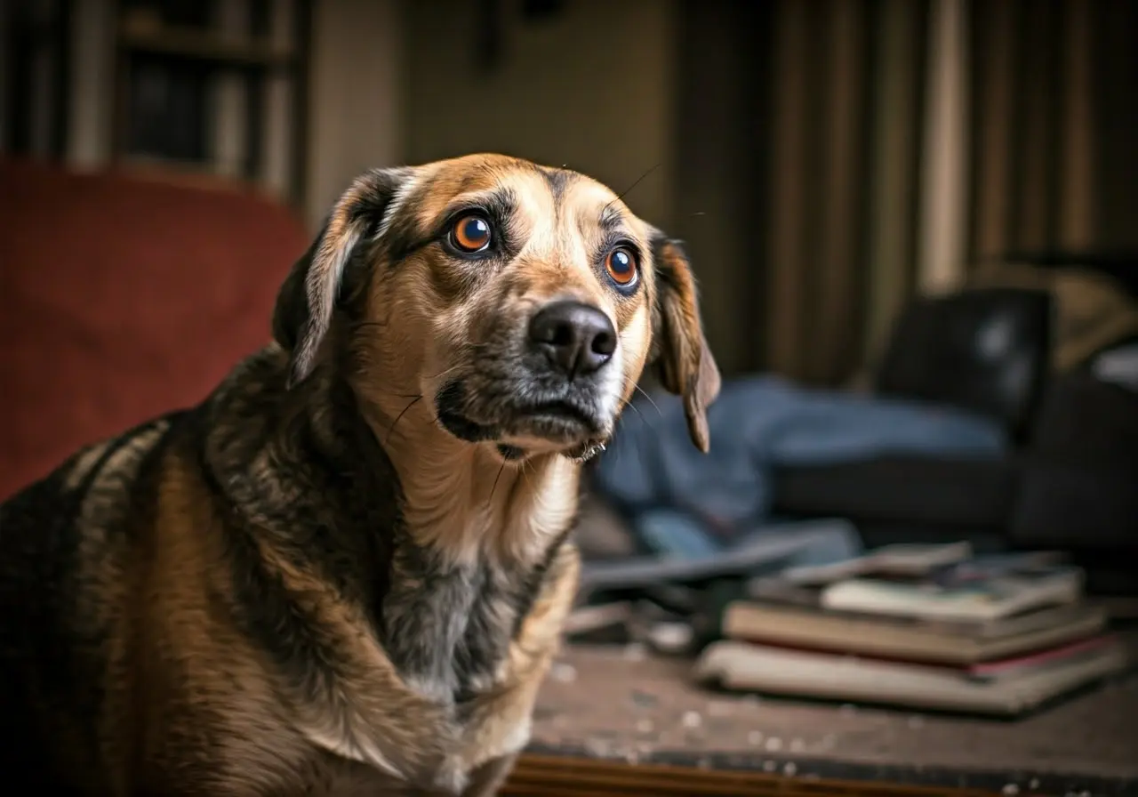 A dog looking confused sitting in a messy living room. 35mm stock photo