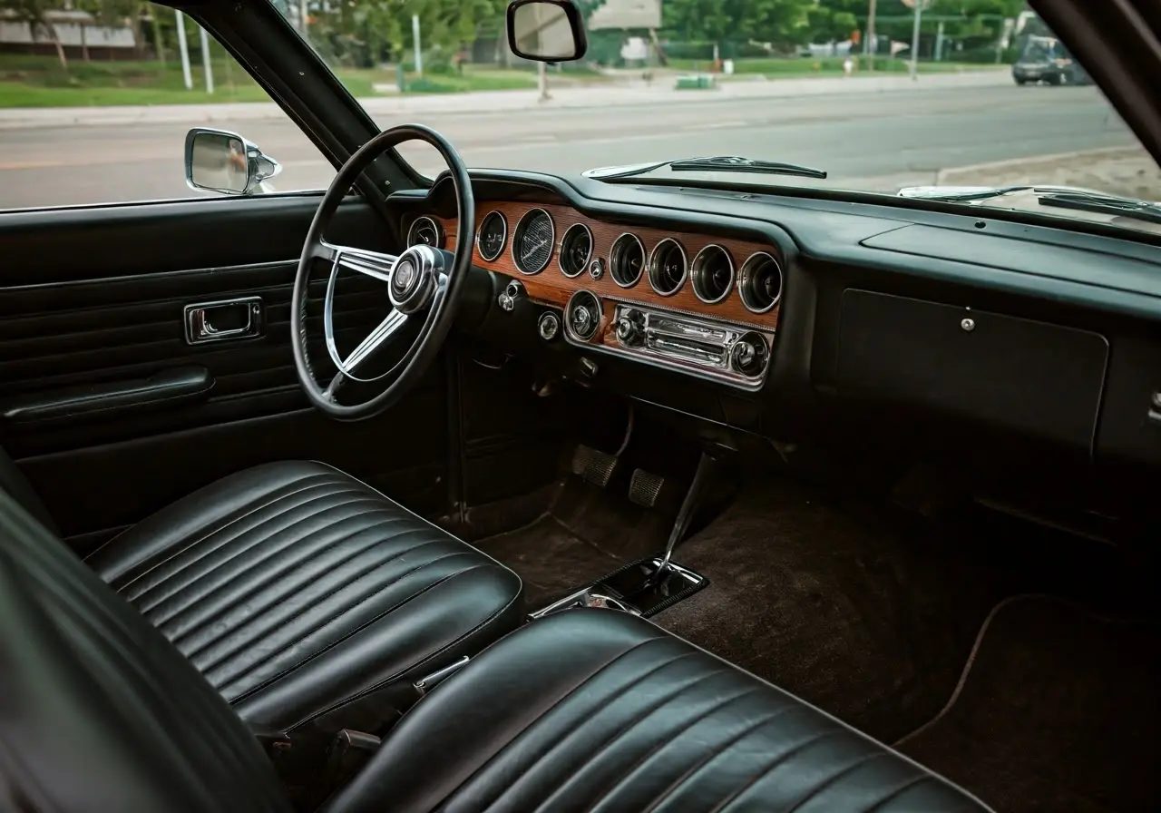 A pristine car interior with glossy dashboard and vibrant upholstery. 35mm stock photo