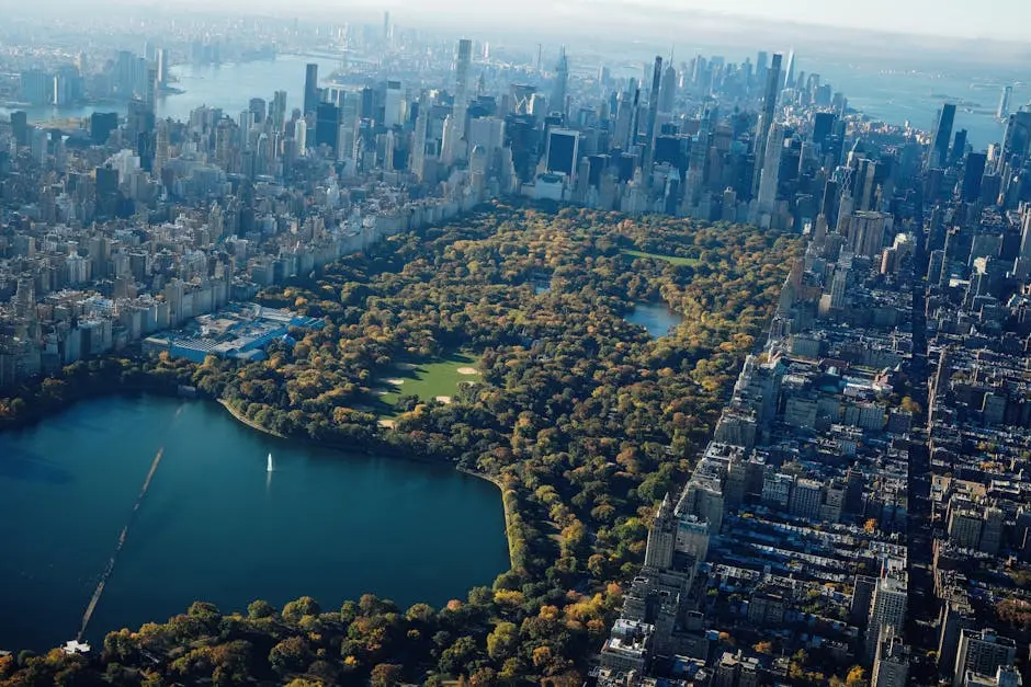 Stunning aerial shot of Central Park and the Manhattan skyline in New York City.