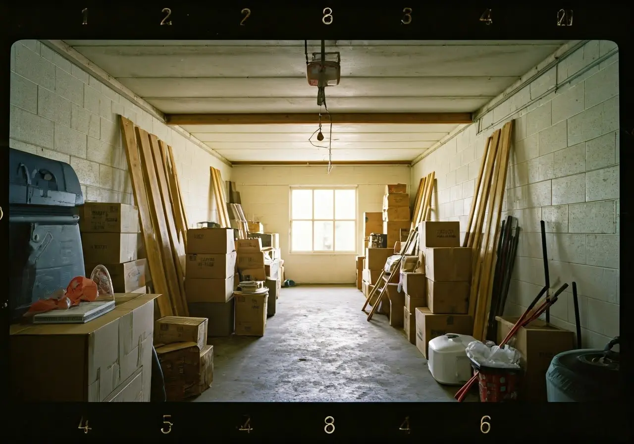 A cluttered garage filled with boxes and miscellaneous items. 35mm stock photo