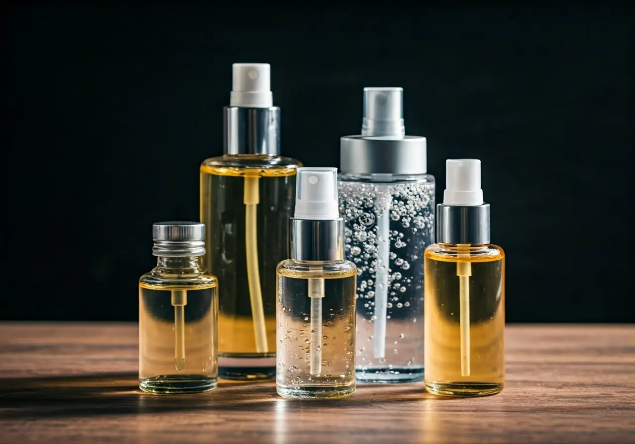 A collection of elegant glass bottles of skin toner. 35mm stock photo