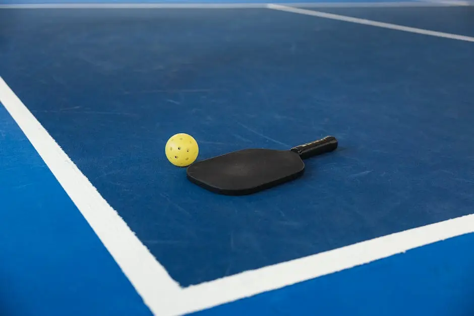 A pickleball paddle and yellow ball resting on a blue pickleball court with white lines.