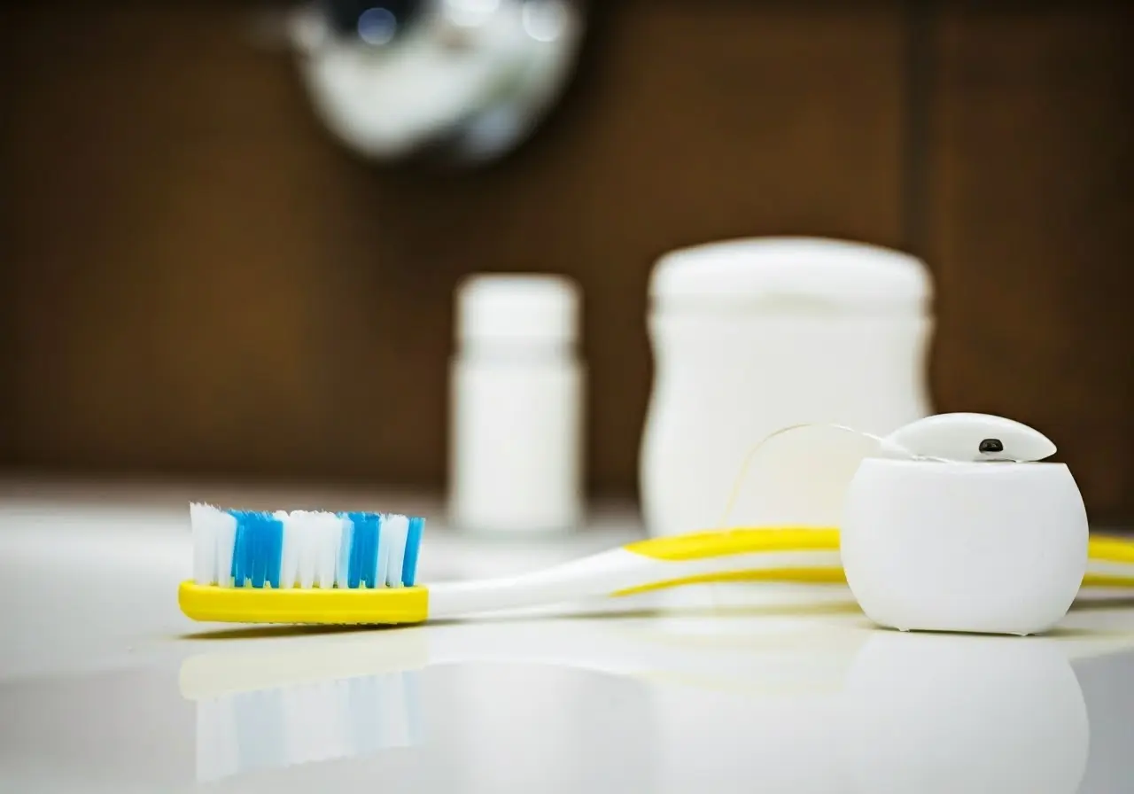 A toothbrush and dental floss on a bathroom counter. 35mm stock photo