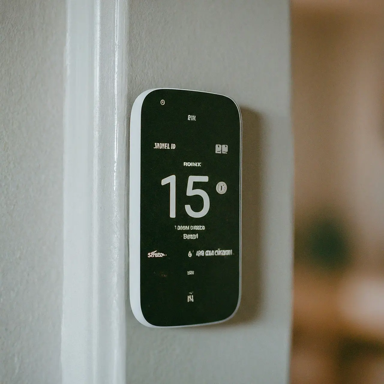 A smart thermostat mounted on a wall inside a home. 35mm stock photo