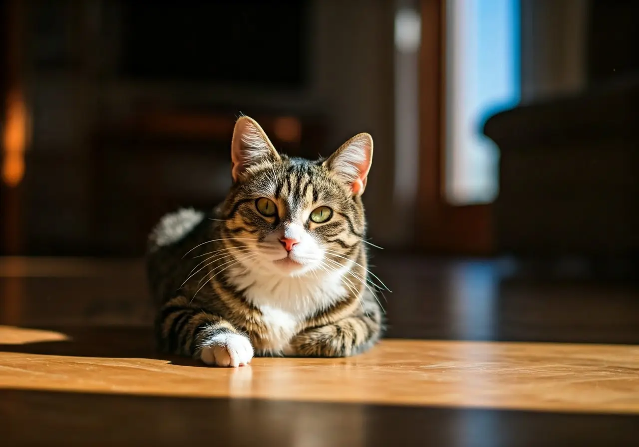 A cat lounging comfortably in a sunny living room. 35mm stock photo