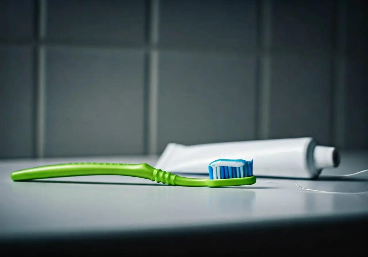 A toothbrush, toothpaste, and dental floss neatly arranged on a counter. 35mm stock photo