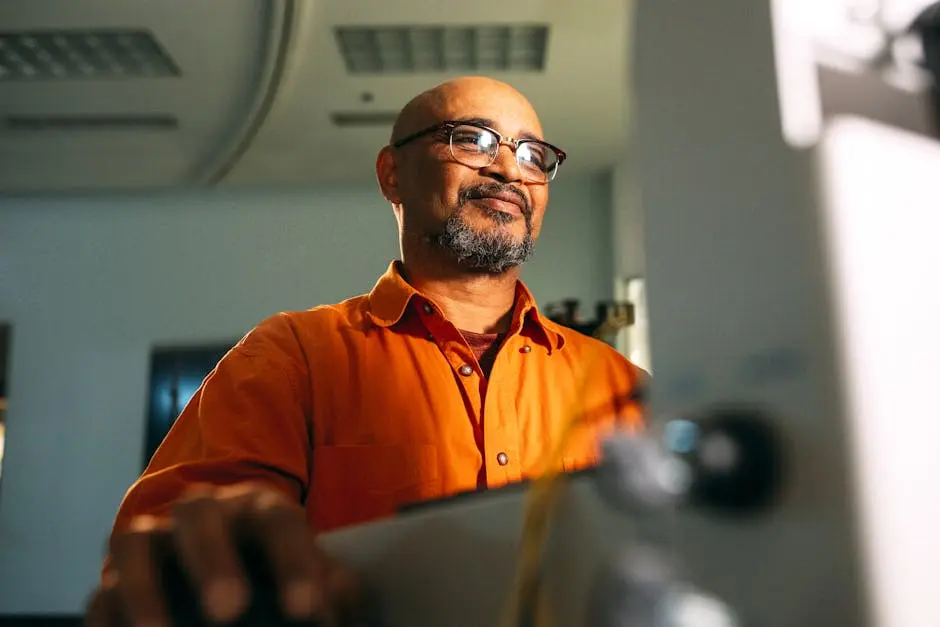 Engineer with eyeglasses intensely working on a computer indoors, focused and professional.