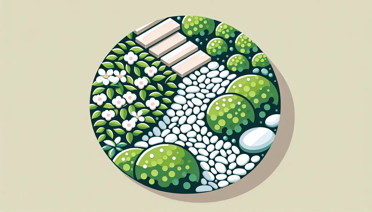 Draw a graphic in flat design style. A serene garden scene with snow white pebbles neatly lining a small flower bed and a winding stone path, surrounded by lush greenery.